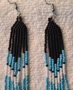 Elegant Beaded Dangle Earrings - Black, Blue, and White